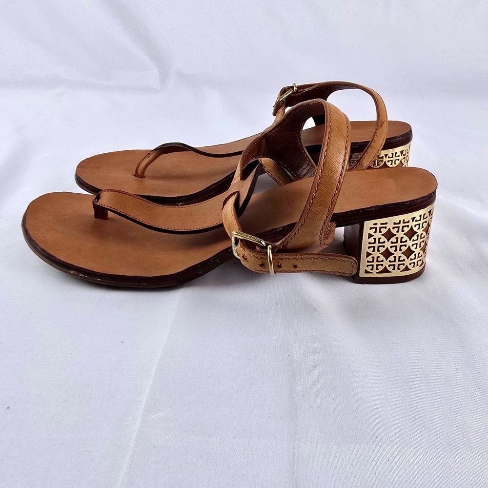 Tory Burch Audra T-Strap Block Heel Thong Sandals Women 8M Tan Leather Gold - Picture 6 of 7